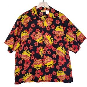 Hawaiian Tropic‎ Button Front Shirt XL Black Red Orange Top Summer